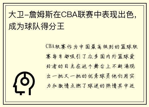 大卫-詹姆斯在CBA联赛中表现出色，成为球队得分王